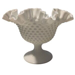 Vintage Fenton Hobnail Milk Glass Pedestal Compote Vase with Ruffled Edge
